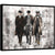 Three men in early 20th-century attire walking forward in a stylized grayscale grid background