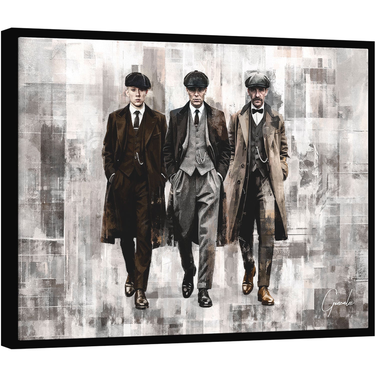 Three men in early 20th-century attire walking forward in a stylized grayscale grid background