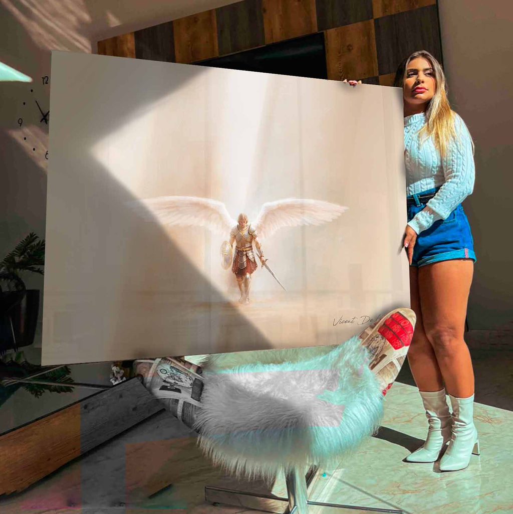 Central figure of Saint Michael as a celestial warrior in a modern minimalist painting for living rooms