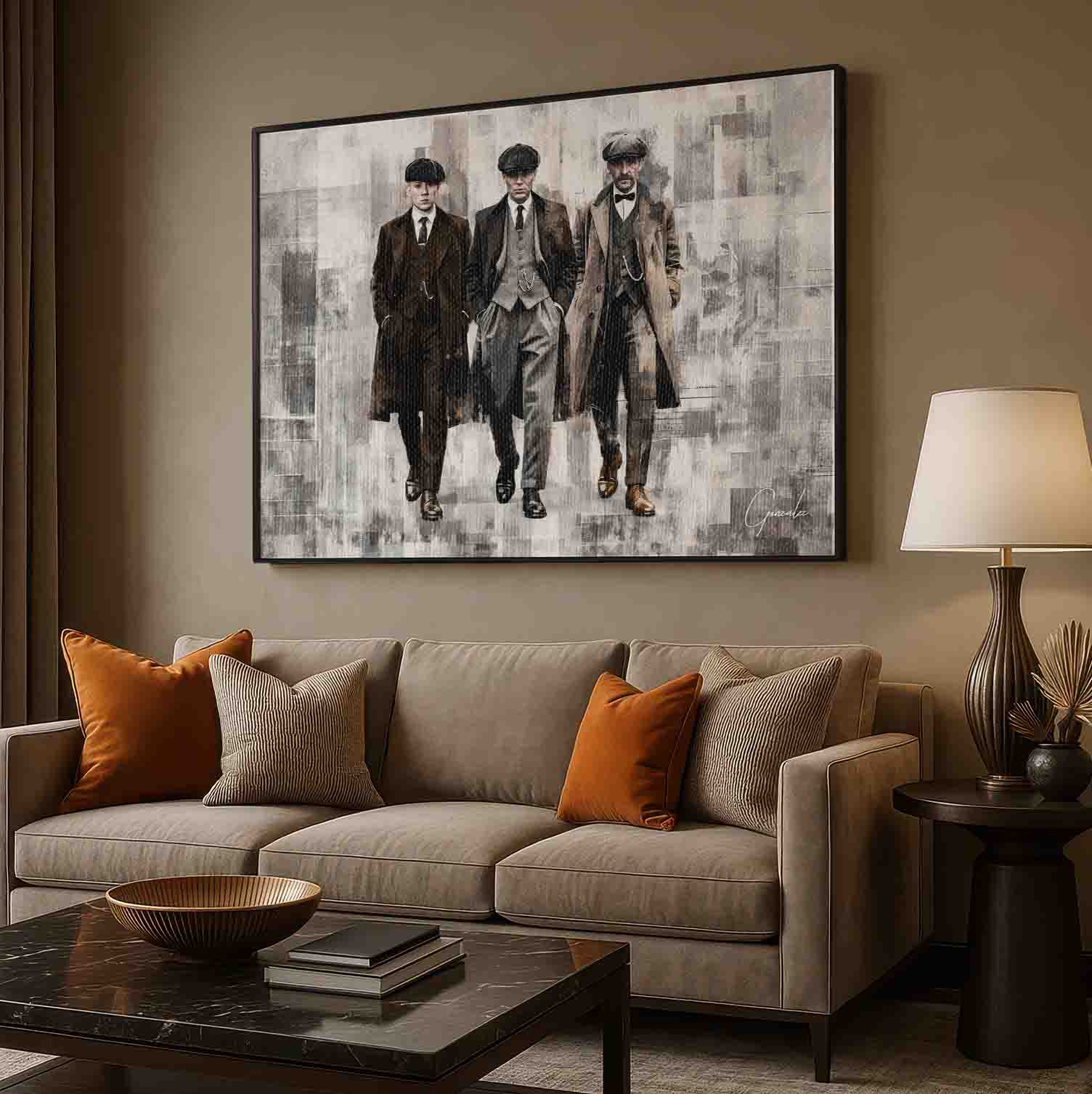 Peaky Blinders-inspired wall art with vintage fashion against an urban abstract backdrop