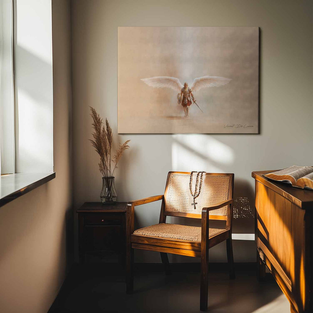 Soft ethereal glow around Saint Michael suitable for meditation spaces and spiritual decor