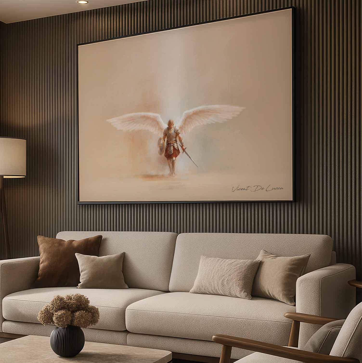Subtle minimalist religious wall art conveying protection and divinity