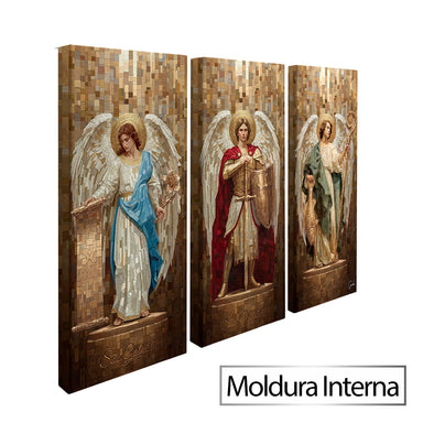 Living room or study display-ready archangel mosaic triptych for spiritual interiors.