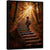 Young boy climbs a staircase made from vintage book spines in a sunlit autumn forest, steps labeled with Success, Wisdom, Courage, Persistence, and Focus