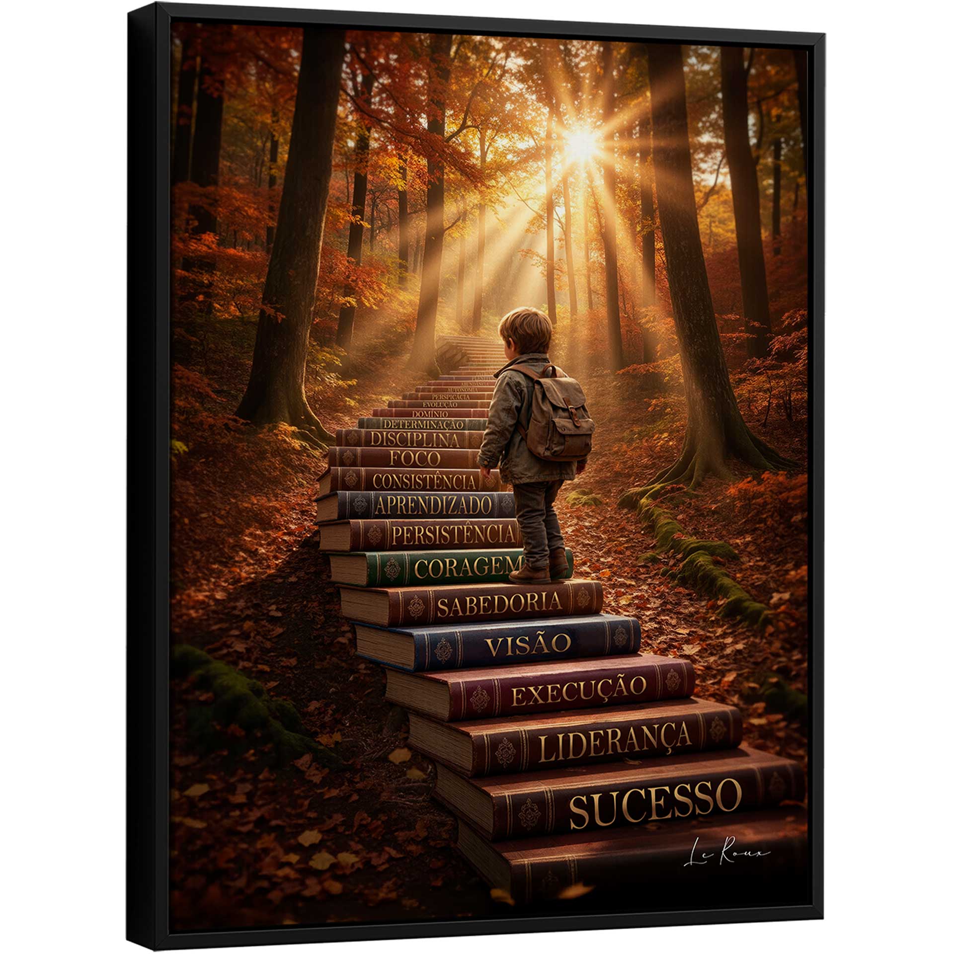 Young boy climbs a staircase made from vintage book spines in a sunlit autumn forest, steps labeled with Success, Wisdom, Courage, Persistence, and Focus