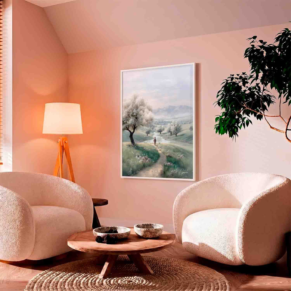 Soft greens and blues create a contemplative mood in a spiritual wall art piece