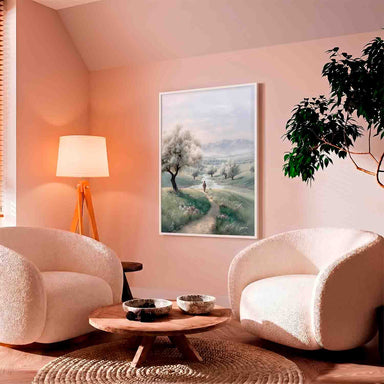 Soft greens and blues create a contemplative mood in a spiritual wall art piece