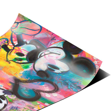 Bold explosion of neon pinks, blues, yellows, greens, and purples over a chaotic backdrop of drips and tags