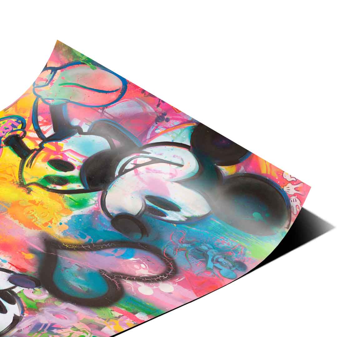 Bold explosion of neon pinks, blues, yellows, greens, and purples over a chaotic backdrop of drips and tags