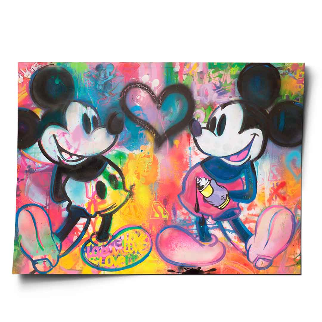 Two iconic Mickey Mouse characters in a graffiti-inspired pop art style with a large black spray-painted heart between them