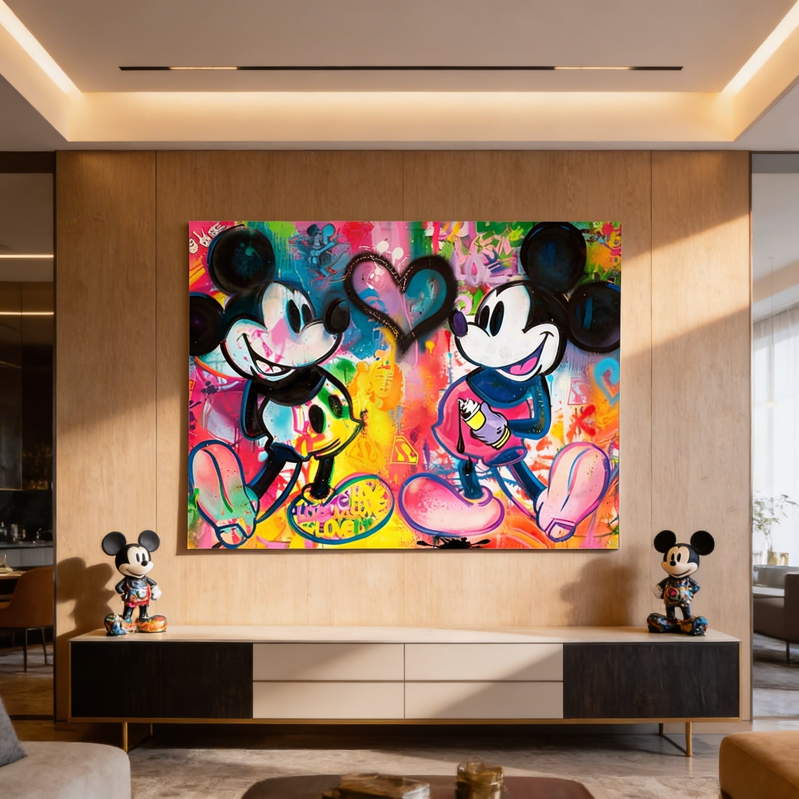 Minnie Mouse wearing a pink dress holding a yellow spray can against a neon, drippy background