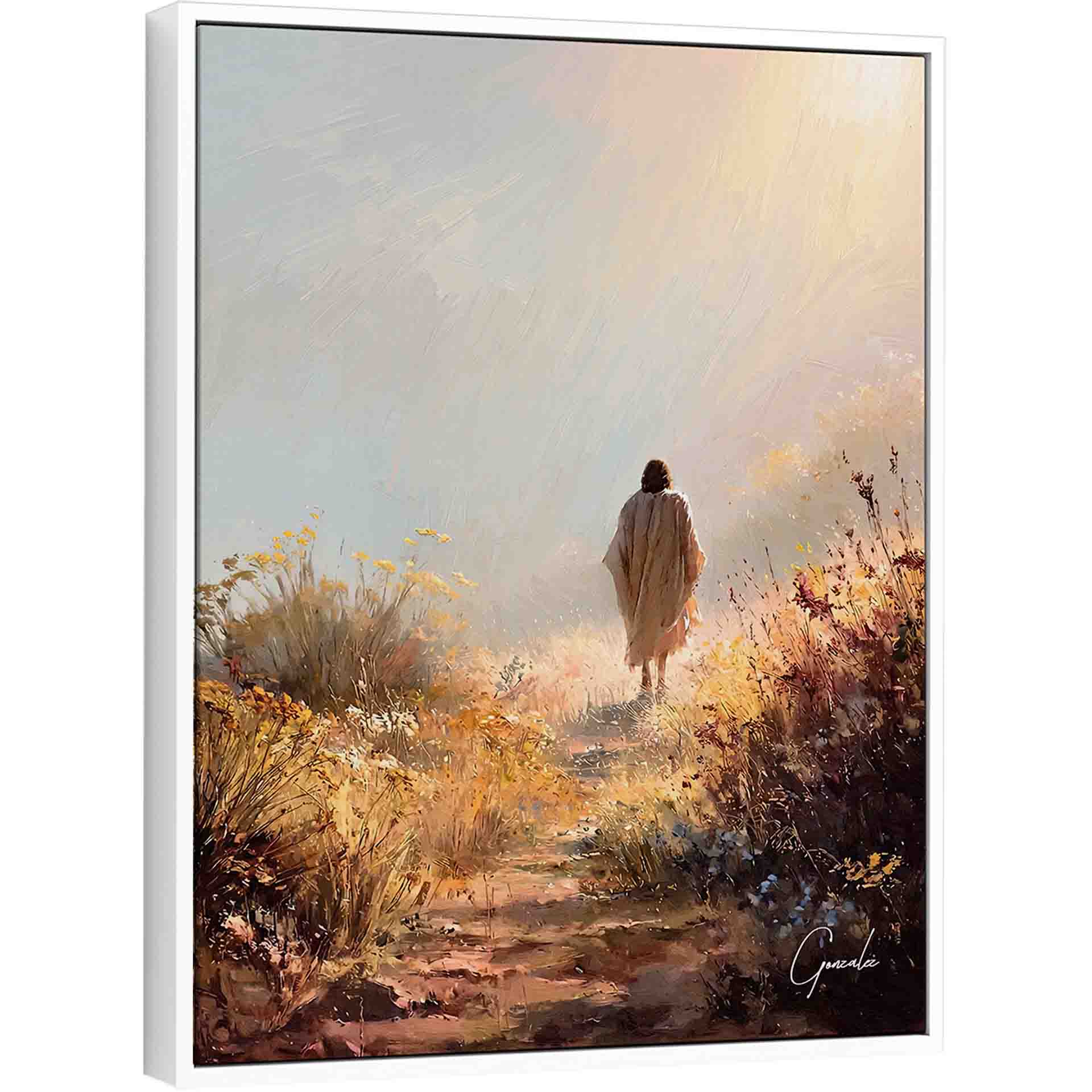 Impressionistic painting of Jesus Christ walking along a sunlit path through a wildflower field