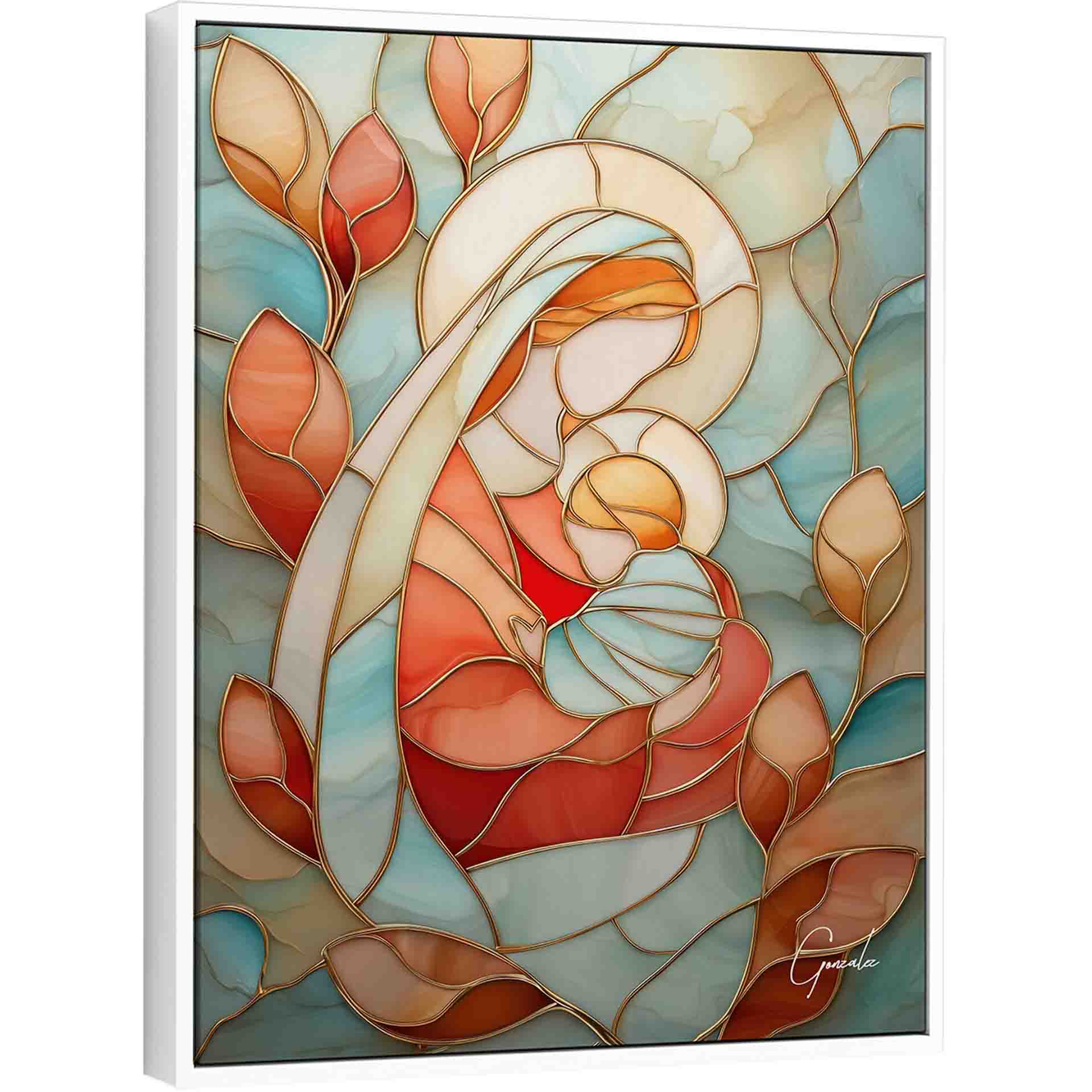 Virgin Mary and Baby Jesus in a contemporary stained-glass style with gold outlines.