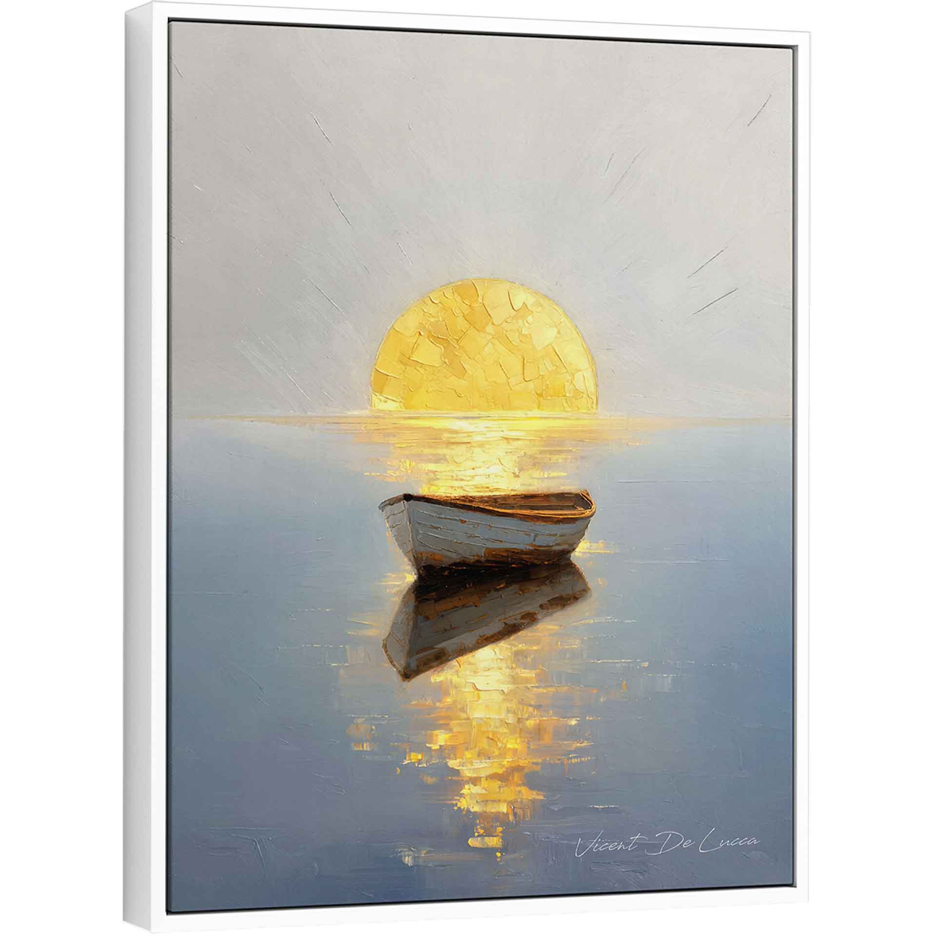 Solitary rowboat on tranquil blue-gray water under a golden sun in an impressionist seascape.