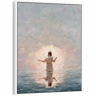 Christ in Infinite Peace: Jesus standing in water with raised hands, reflection below, white birds rising in a soft cloudy sky.