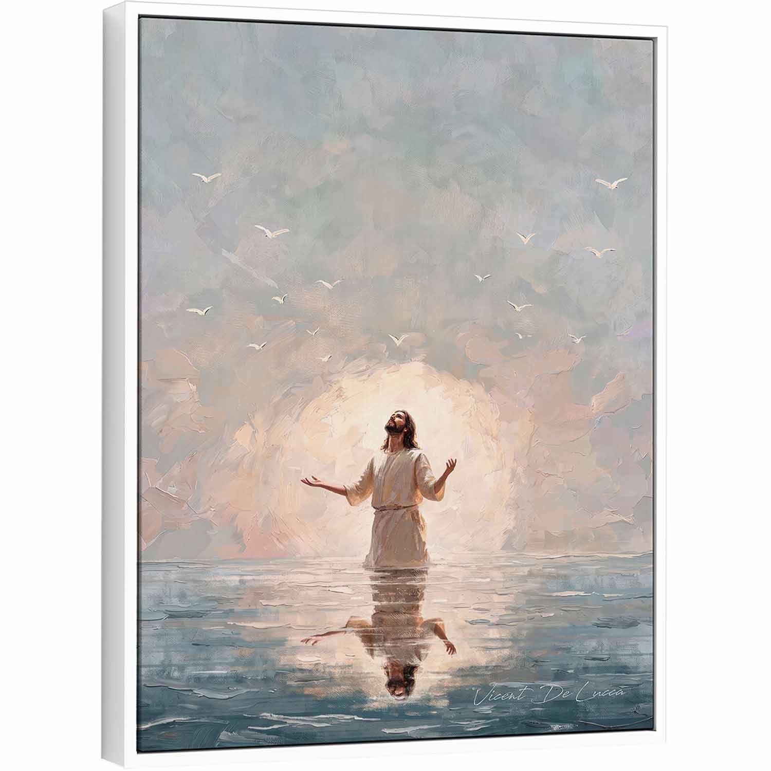 Christ in Infinite Peace: Jesus standing in water with raised hands, reflection below, white birds rising in a soft cloudy sky.