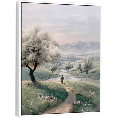 Serene religious landscape with a shepherd-like figure walking a winding riverside path, white blossom trees, grazing sheep, and distant blue mountains