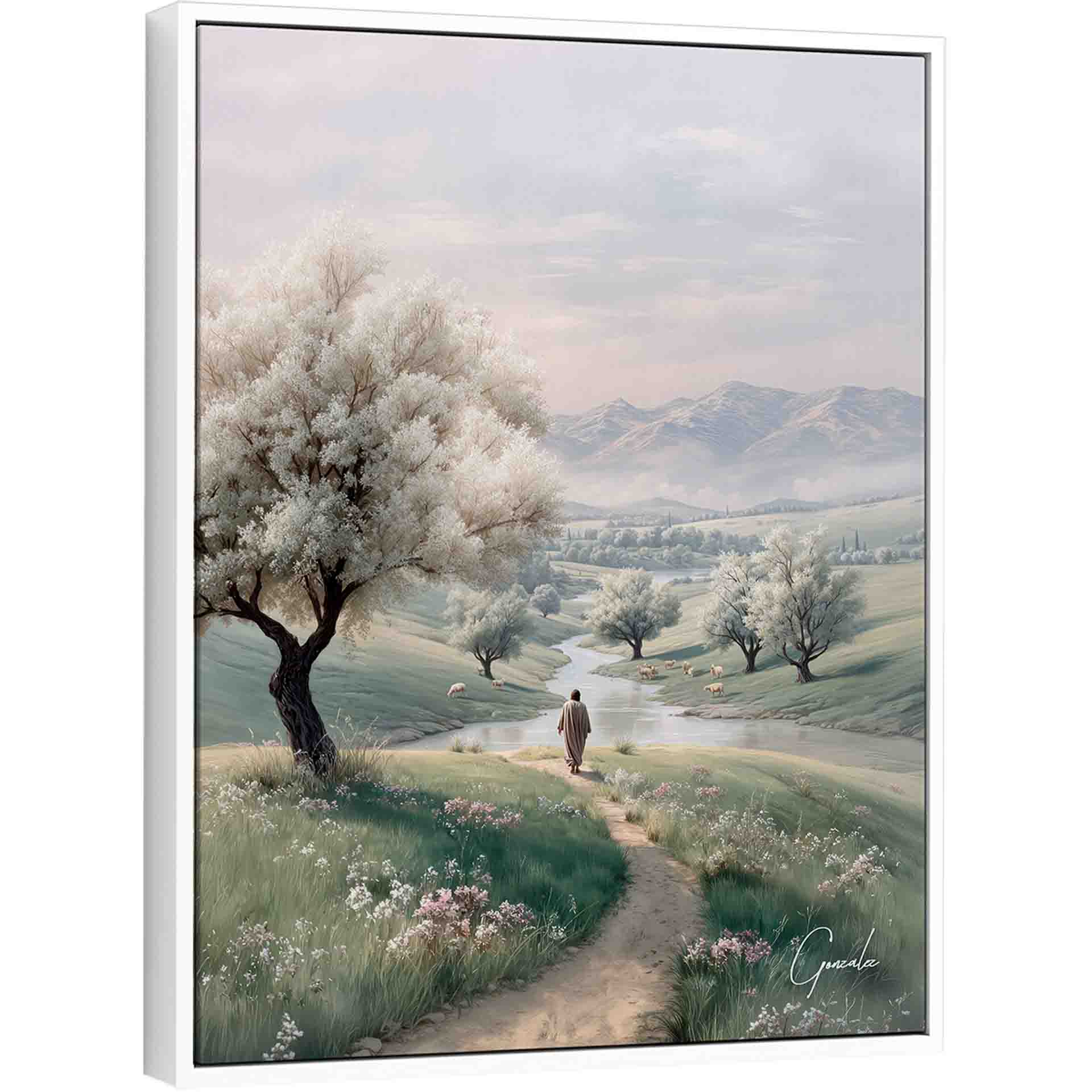 Serene religious landscape with a shepherd-like figure walking a winding riverside path, white blossom trees, grazing sheep, and distant blue mountains