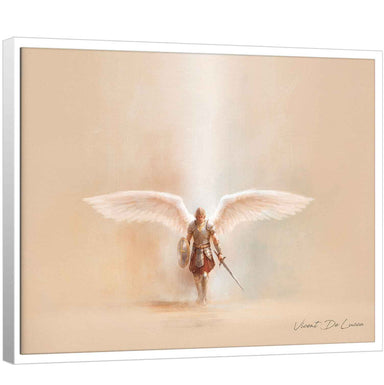Saint Michael the Heavenly Defender in minimalist style with armor, shield, sword, and outstretched white wings against radiant light