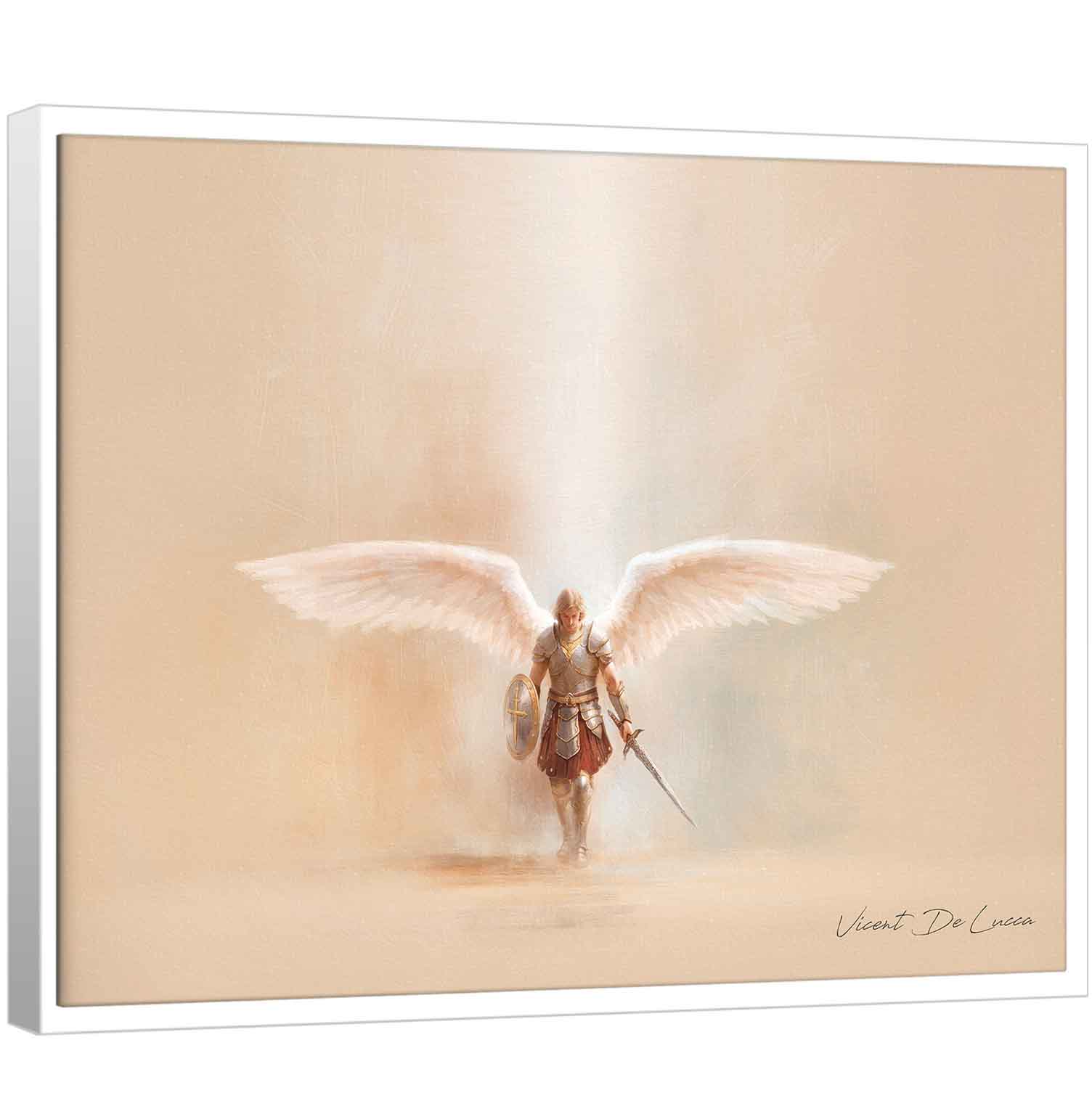 Saint Michael the Heavenly Defender in minimalist style with armor, shield, sword, and outstretched white wings against radiant light