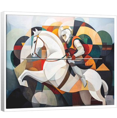 Saint George the Knight of Light on a white horse in a vibrant geometric Cubist style