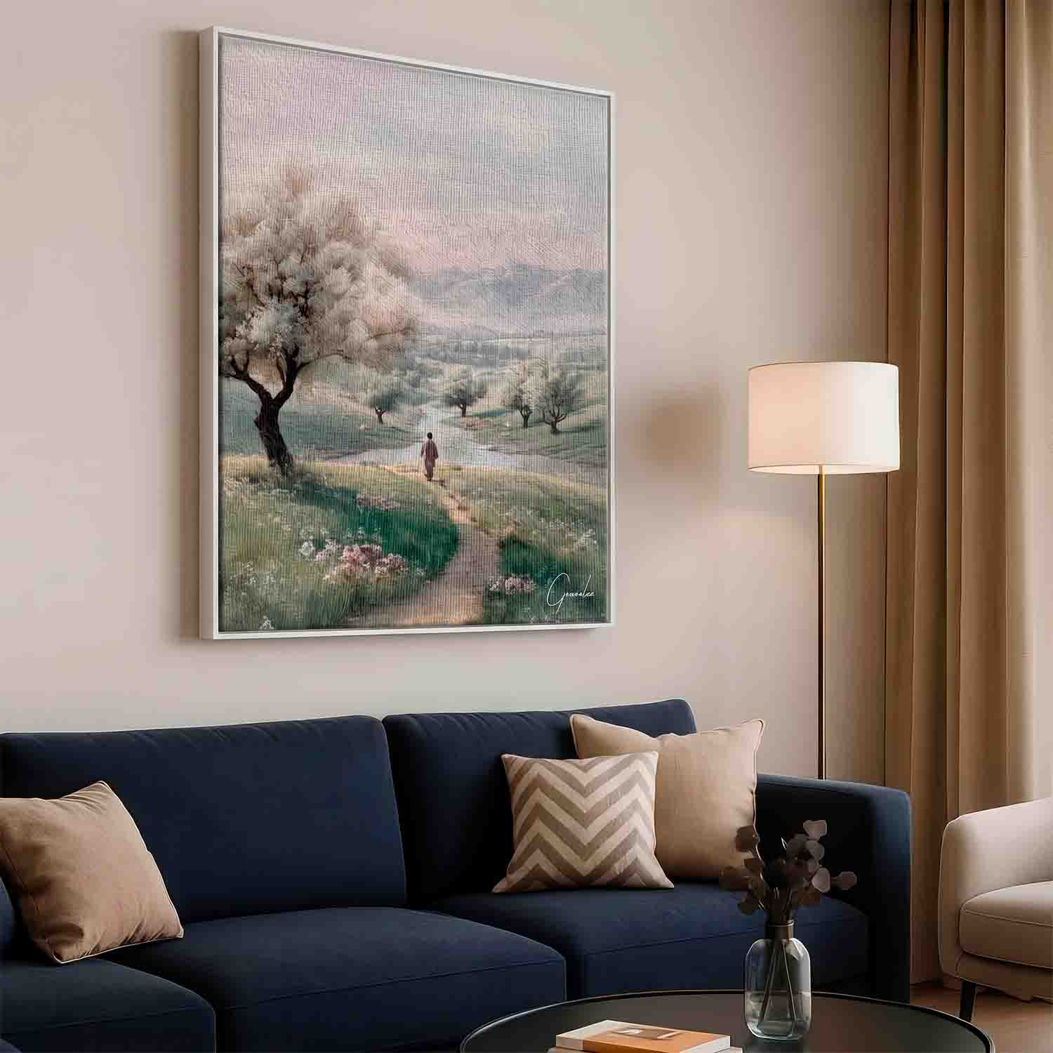 Misty mountains backdrop and calm atmosphere in a traditional religious depiction