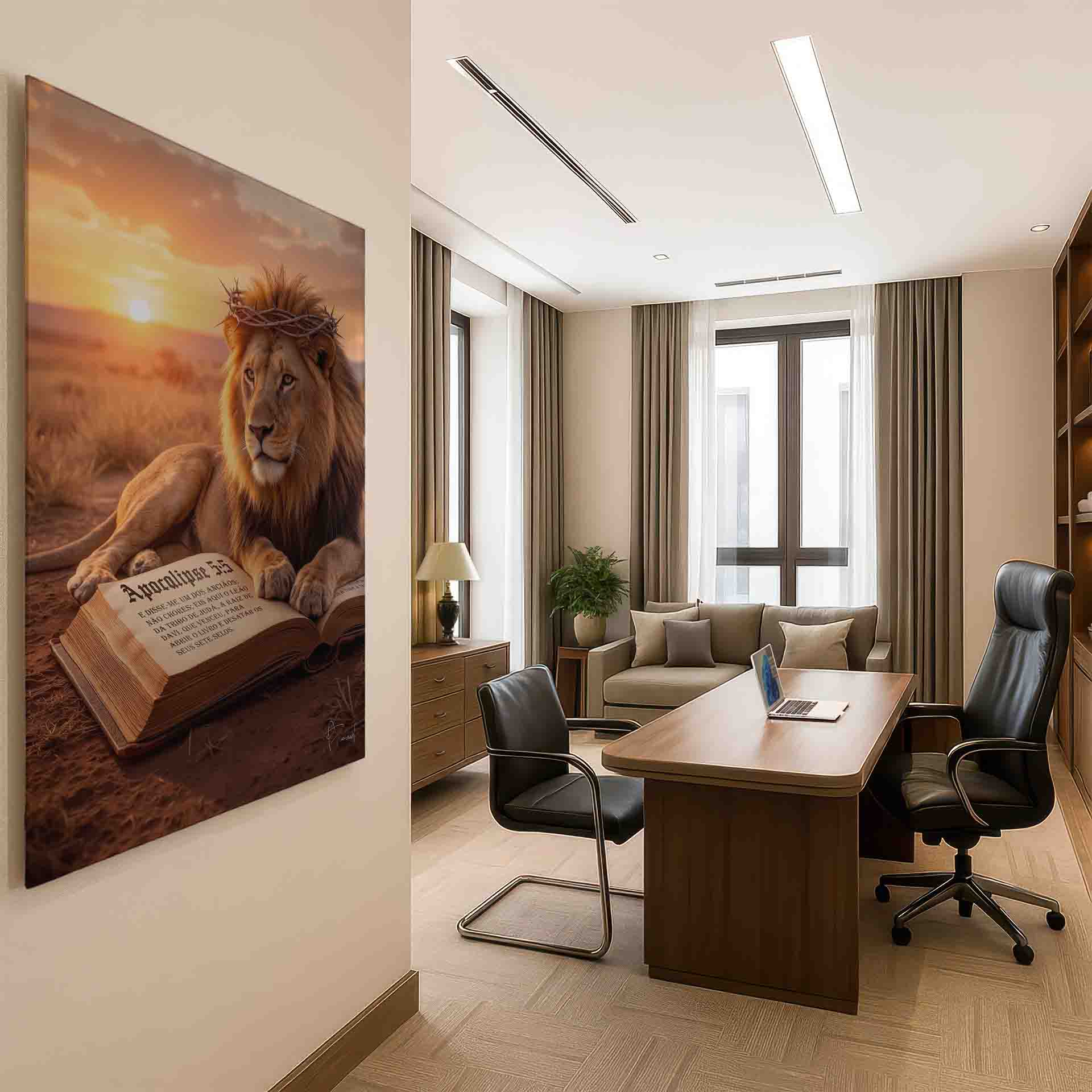 Religious wall art featuring crown of thorns on lion above Bible in a rustic setting.