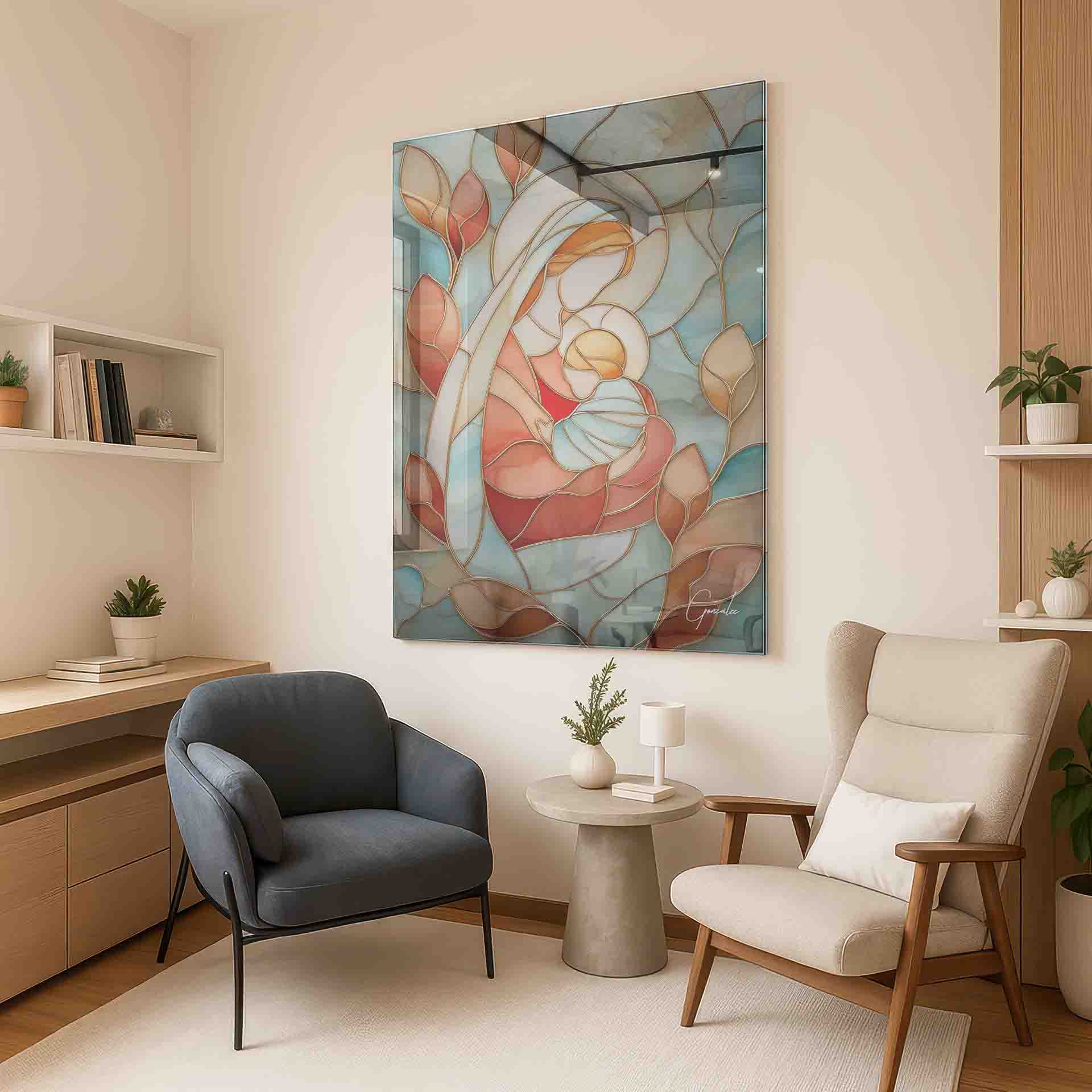 Flowing ribbon-like shapes create a sacred, decorative composition.