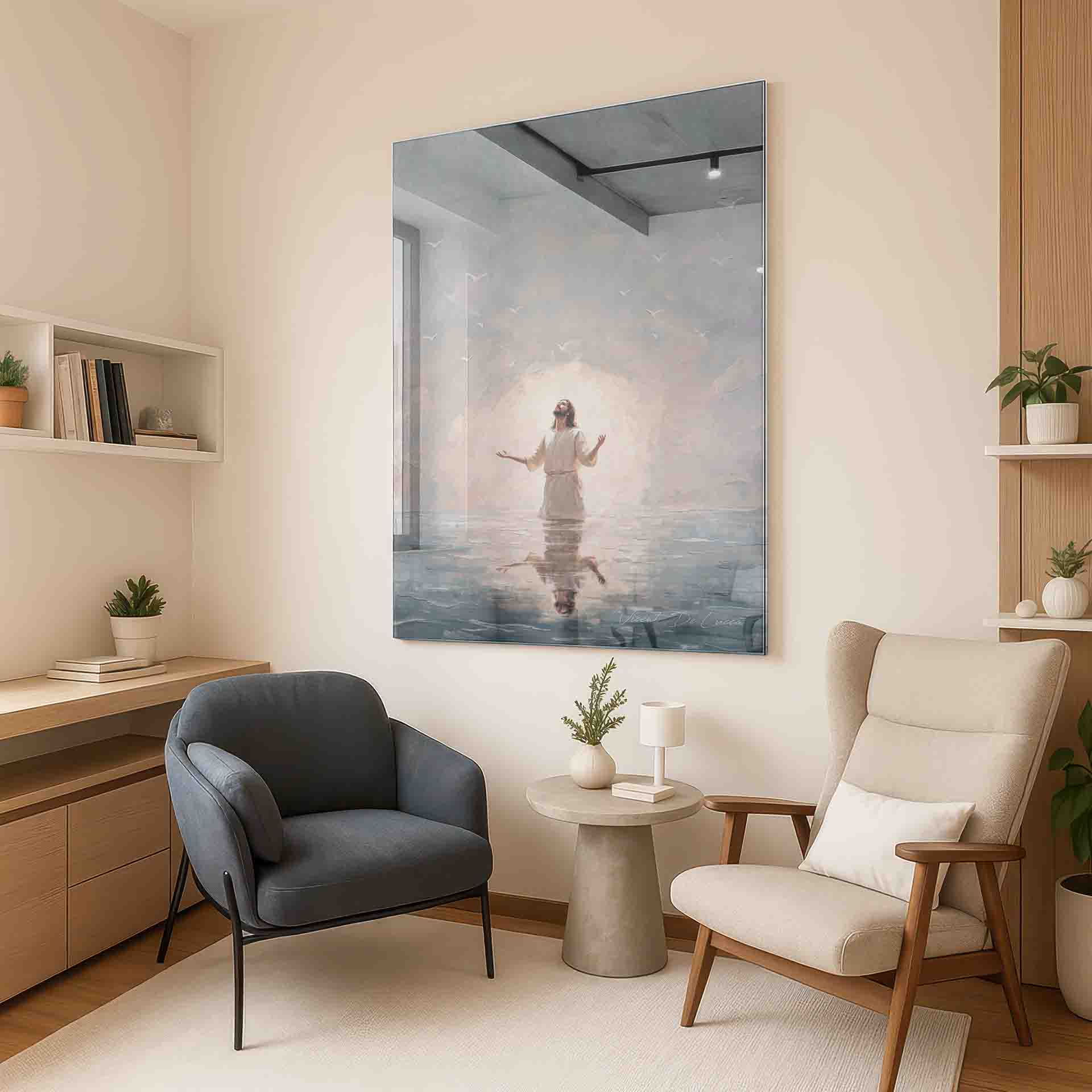 Impressionist-inspired Christ painting suitable for calming spaces like living rooms.
