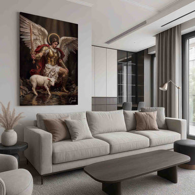 Moody religious artwork with gold and crimson tones, depicting a protective archangel.