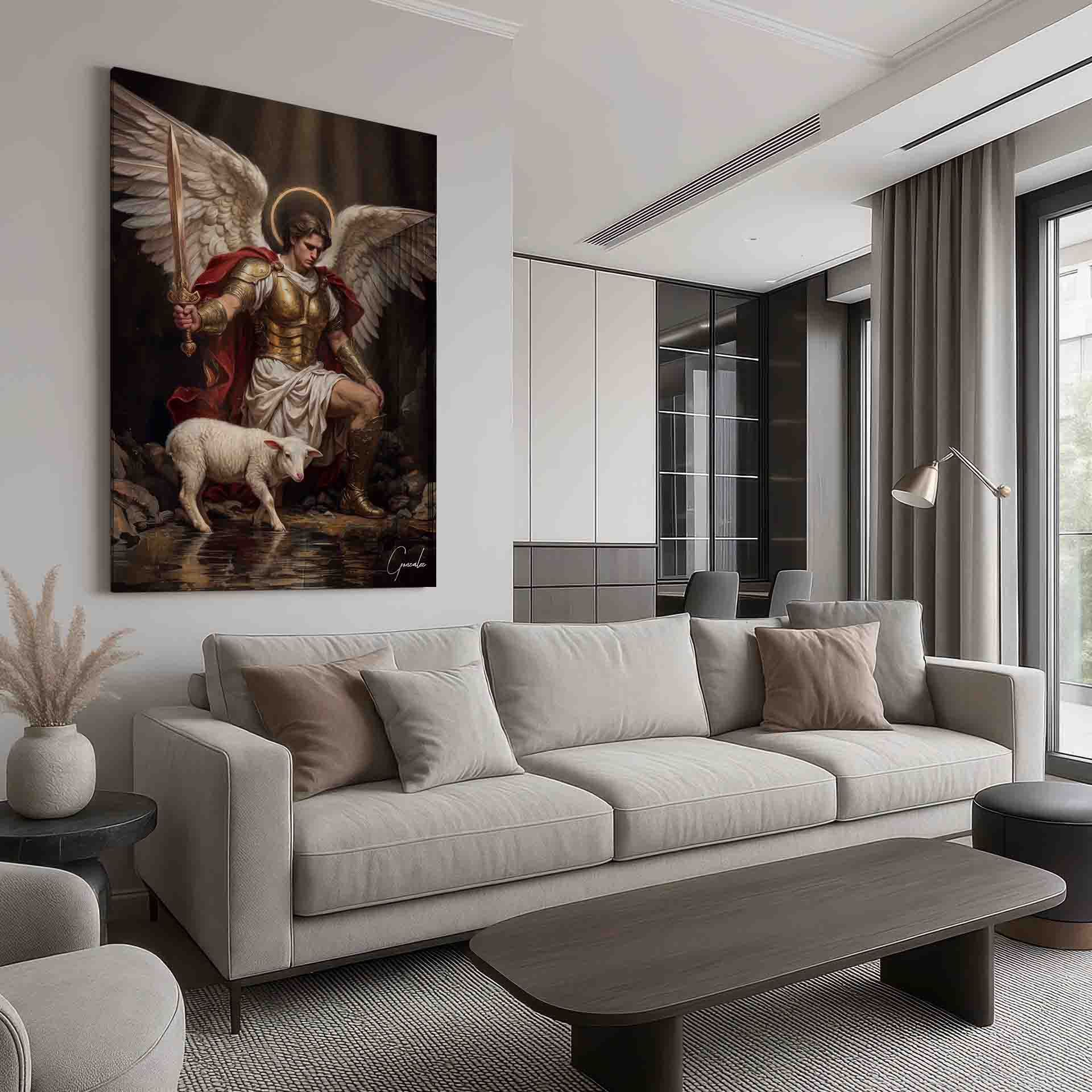 Moody religious artwork with gold and crimson tones, depicting a protective archangel.