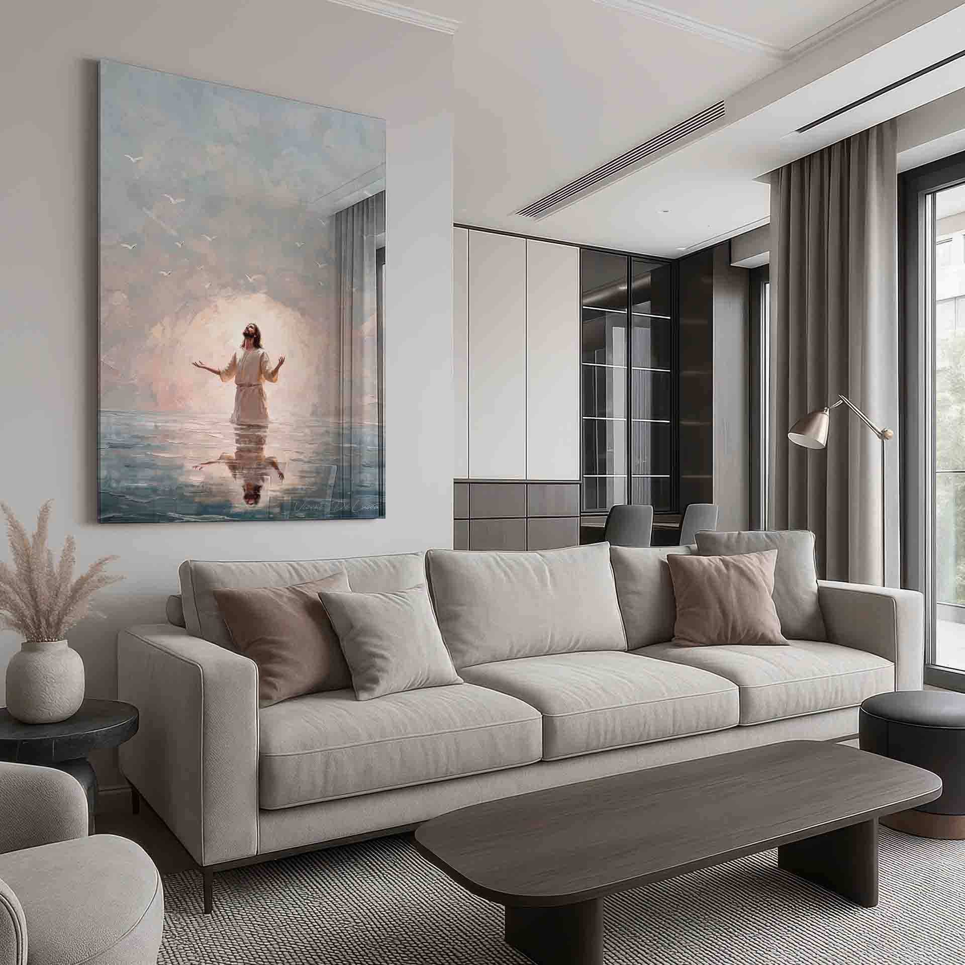 Cloudy sky with ascending white birds above a serene, sacred figure.