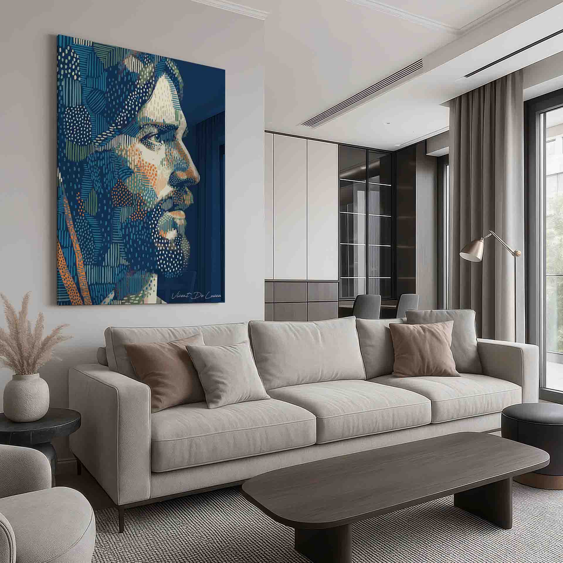 Abstract pointillist wall art with a serene religious theme and vibrant color accents.