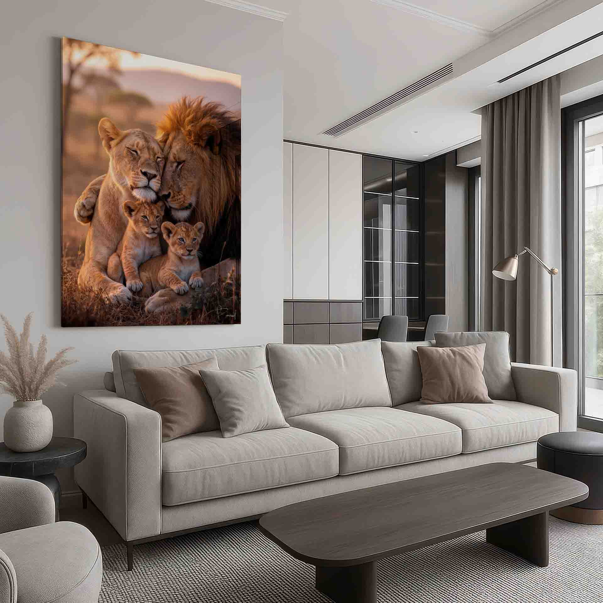 Framed wall art showing a tender lion family under warm light