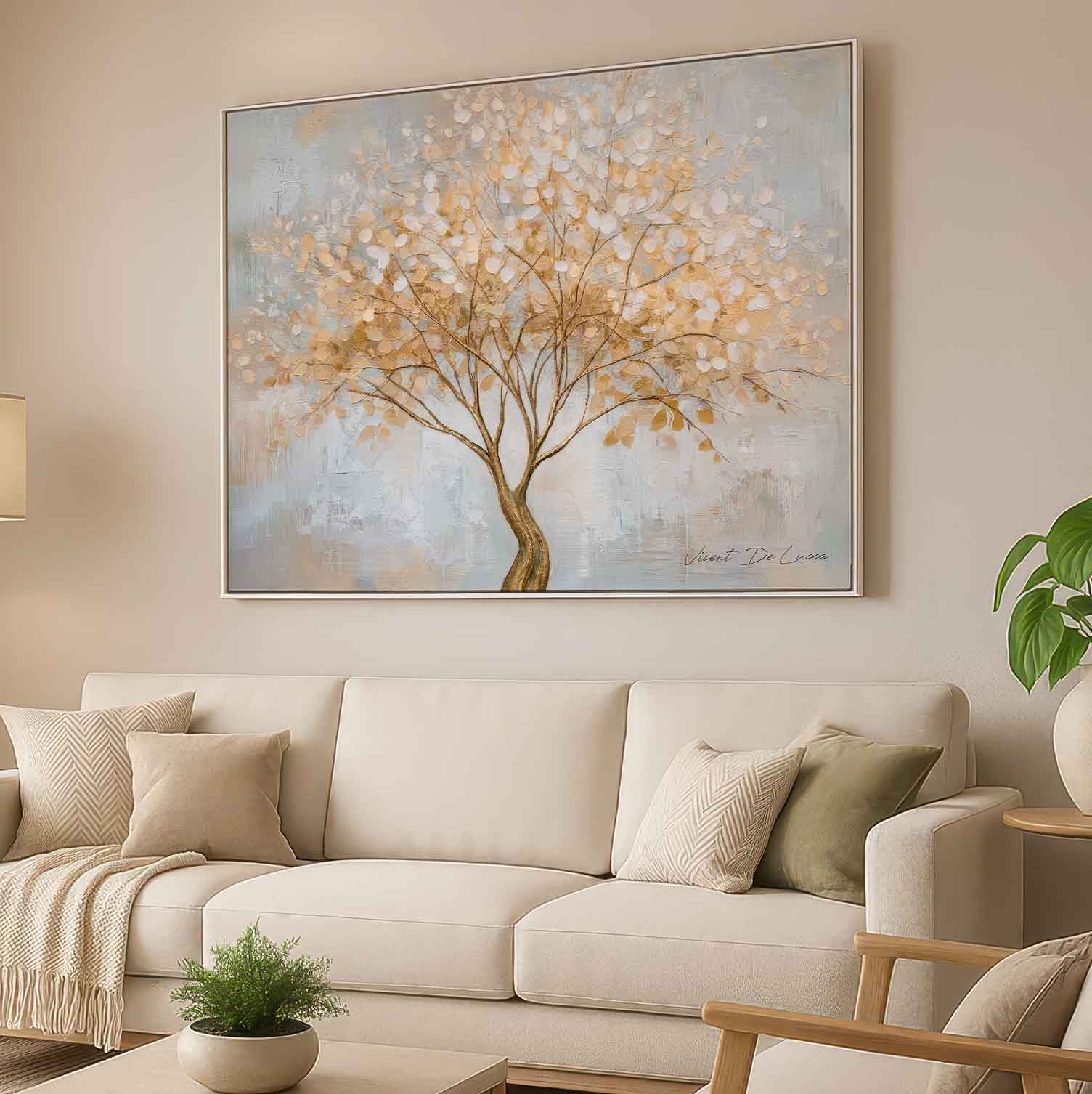 Close-up of impasto texture on leaves in soft gold tones within a serene abstract nature scene