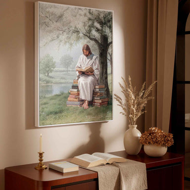 Volumes show Faith, Love, and Peace on the surrounding books in a soft green and cream palette