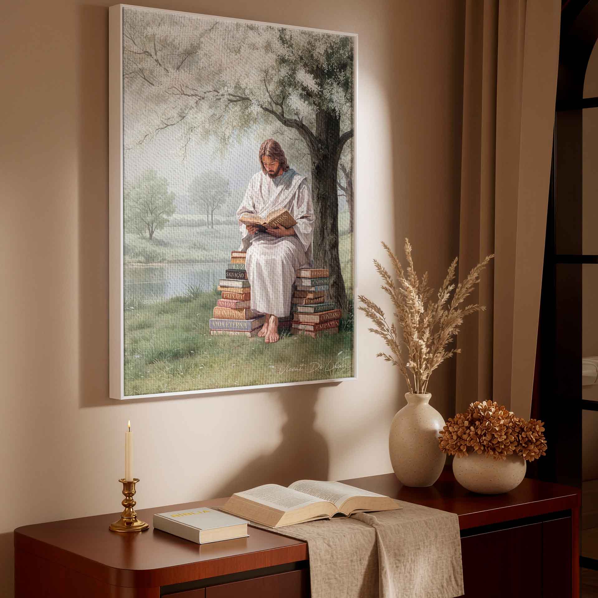 Volumes show Faith, Love, and Peace on the surrounding books in a soft green and cream palette