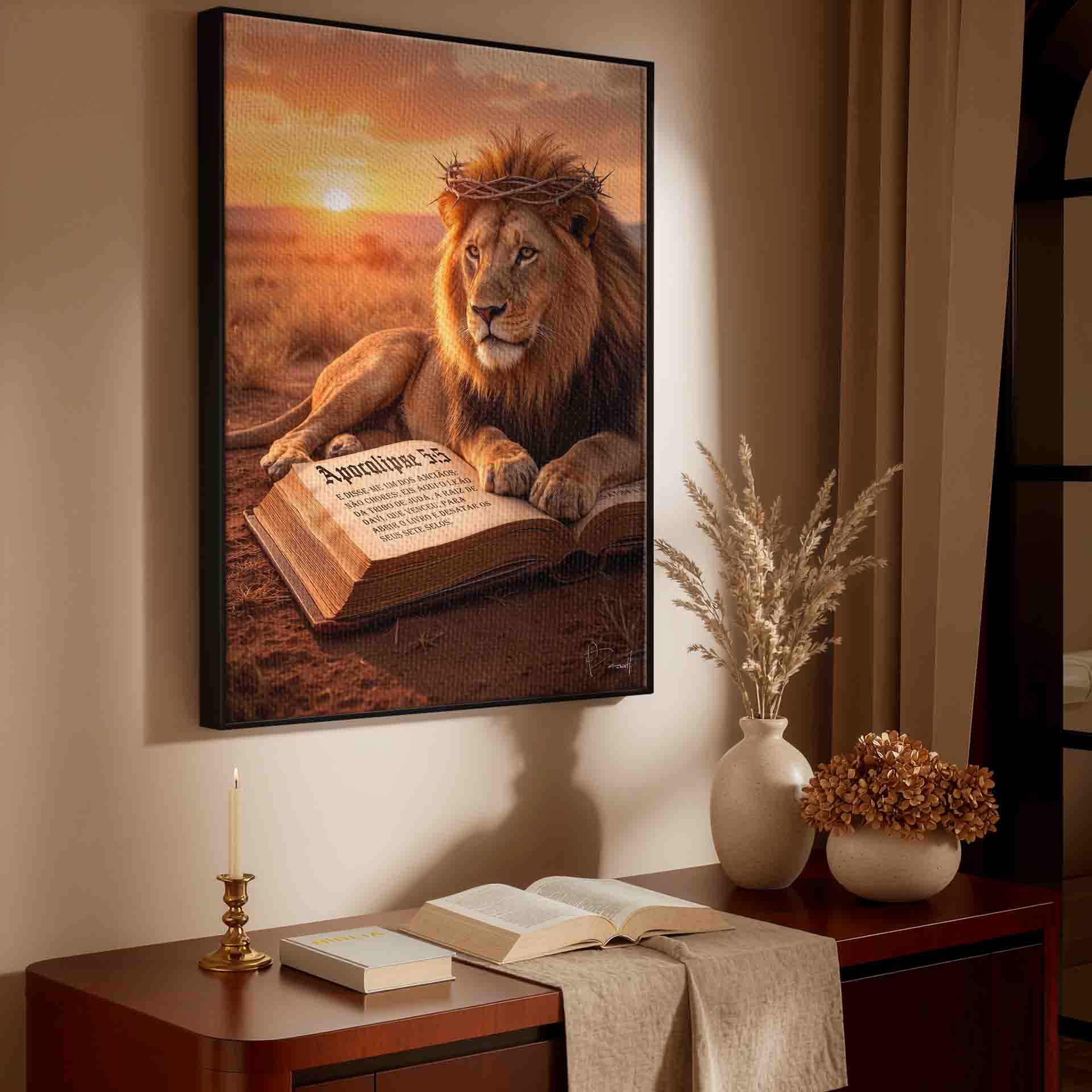 Close-up of the crowned lion's contemplative face against a golden orange sky.