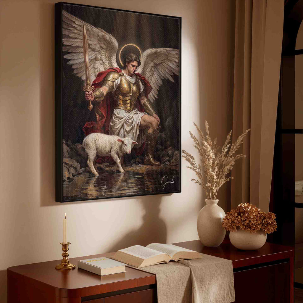 Religious wall art featuring a powerful archangel with white wings and a sword in a dark, moody setting.