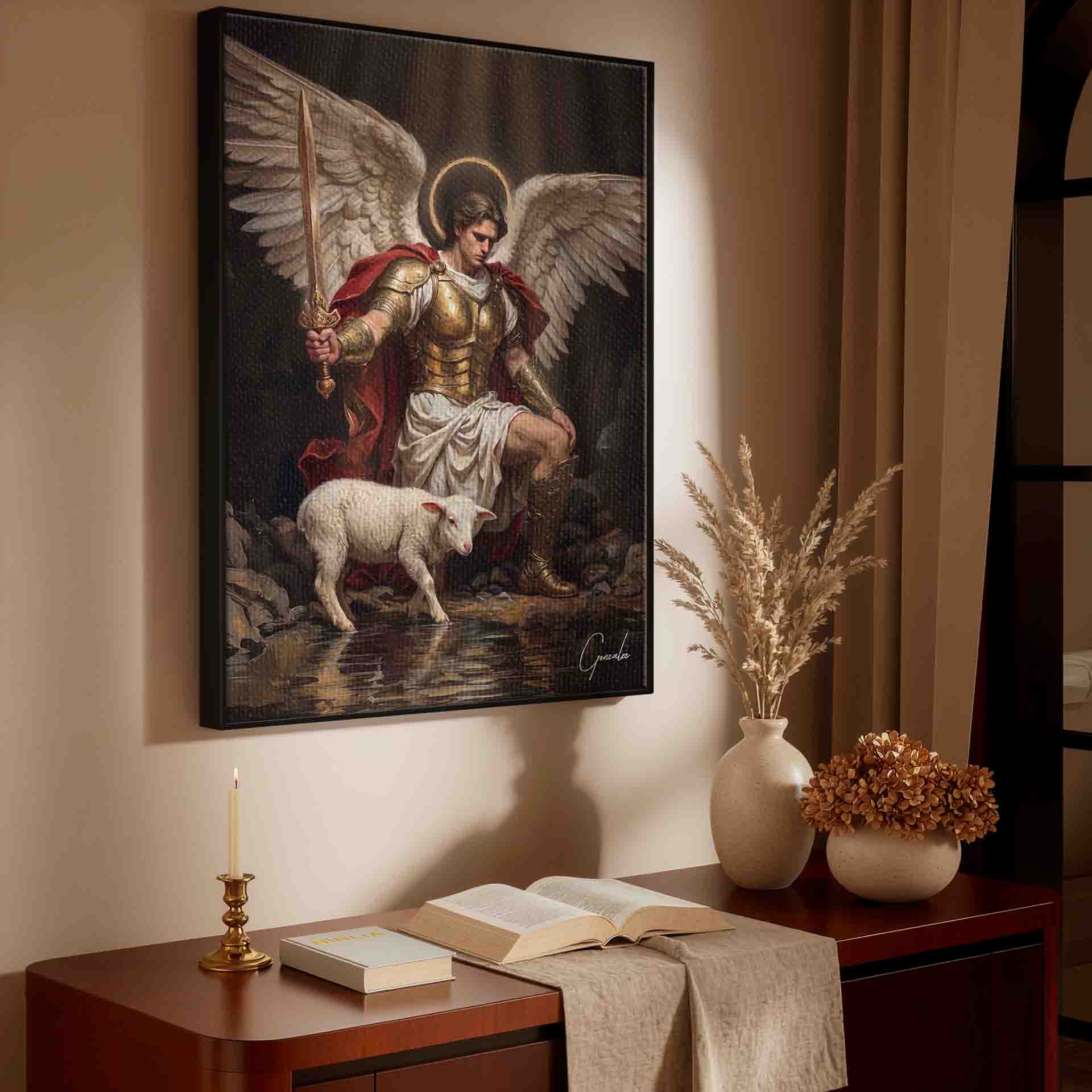 Religious wall art featuring a powerful archangel with white wings and a sword in a dark, moody setting.