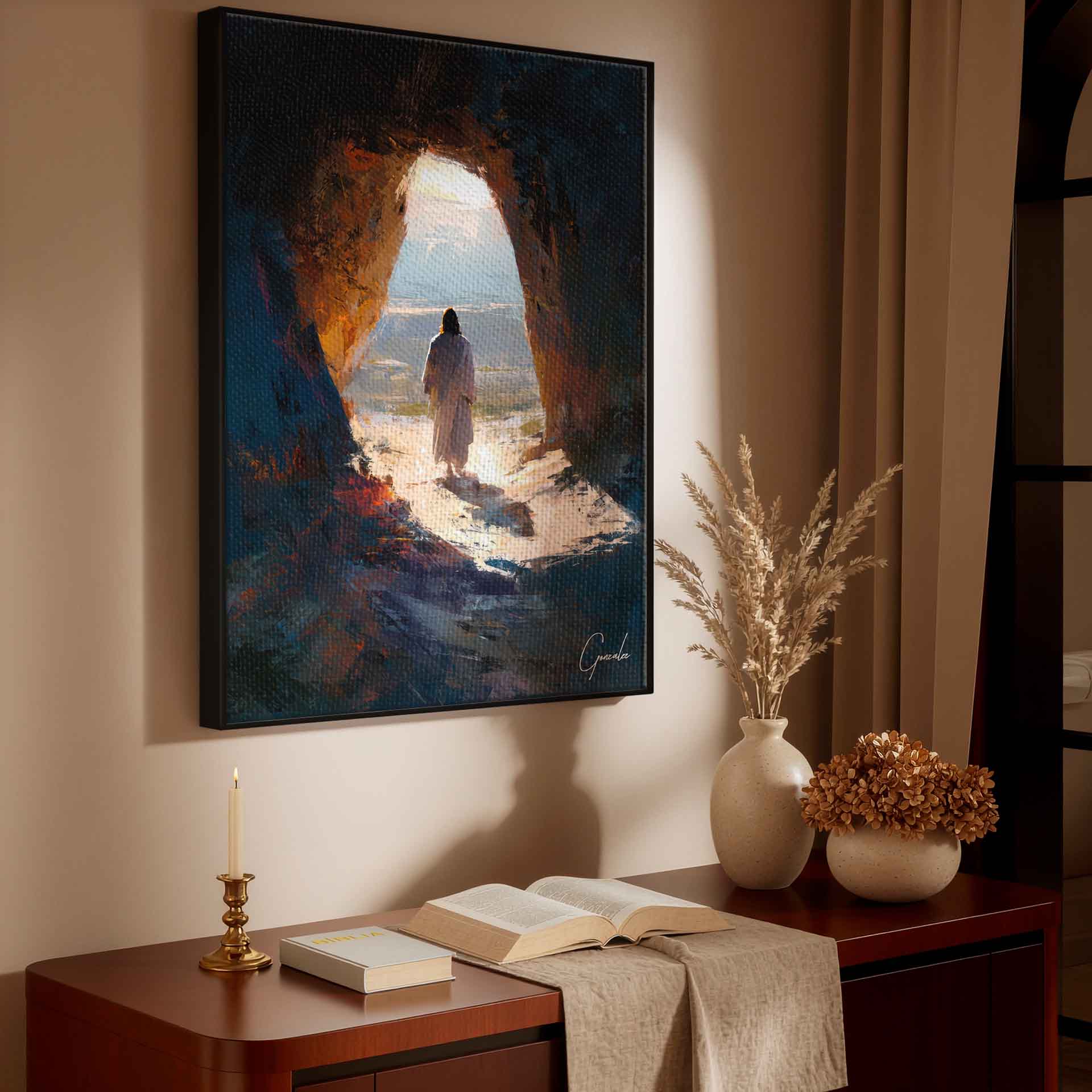 Religious wall art with visible brushstrokes and rich textures, featuring blues and oranges with bright exterior light.