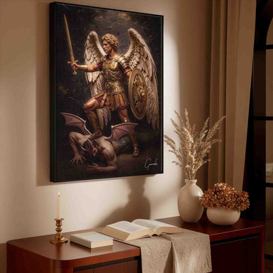 Vertical religious wall art featuring golds, crimson reds, and black tones in a Renaissance-inspired style.