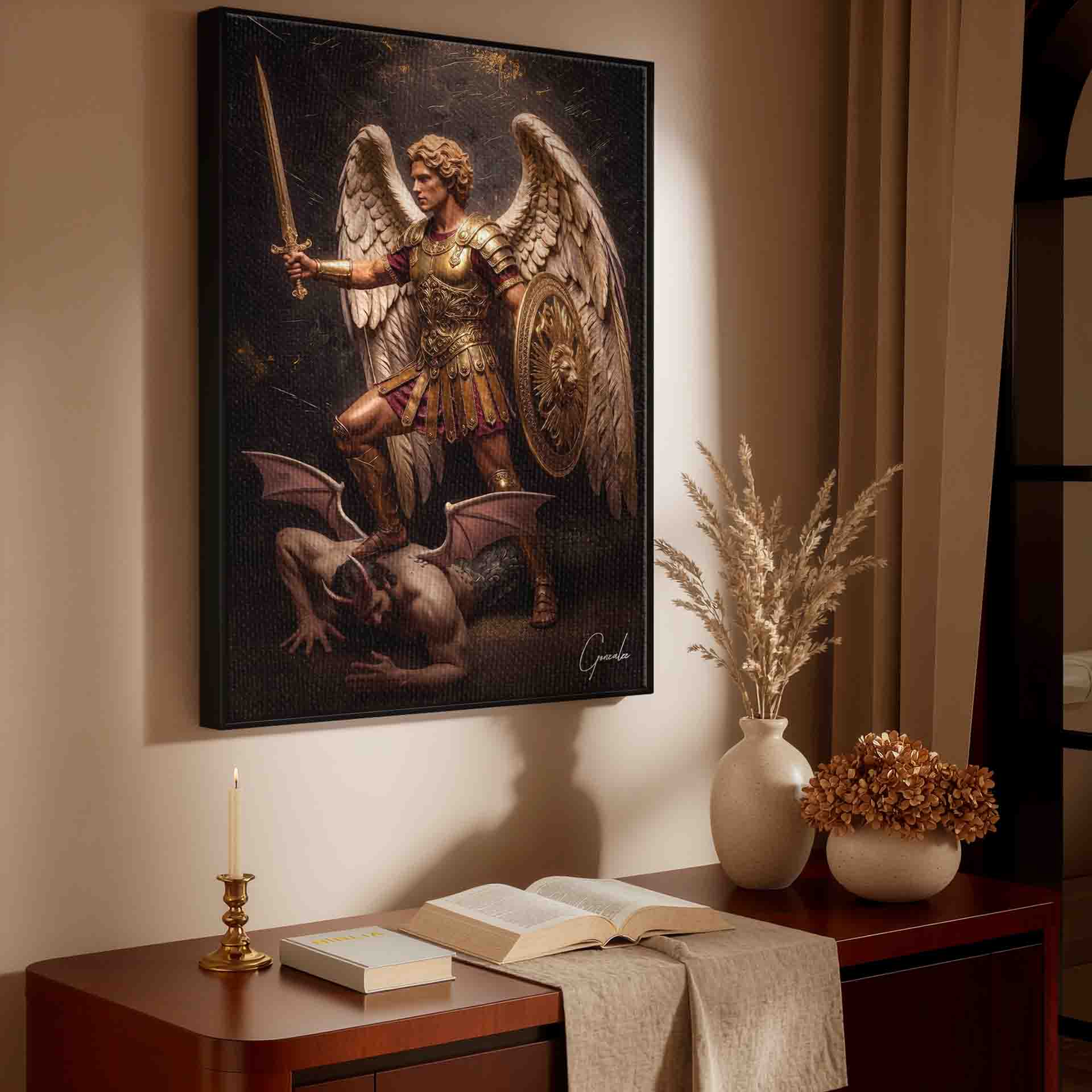 Vertical religious wall art featuring golds, crimson reds, and black tones in a Renaissance-inspired style.
