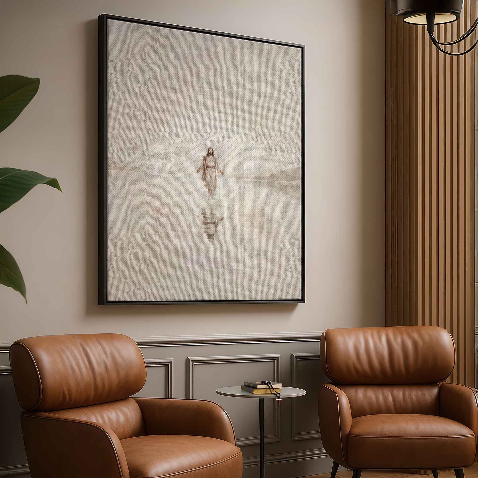 Reflection of Jesus on serene waters in soft cream and beige tones