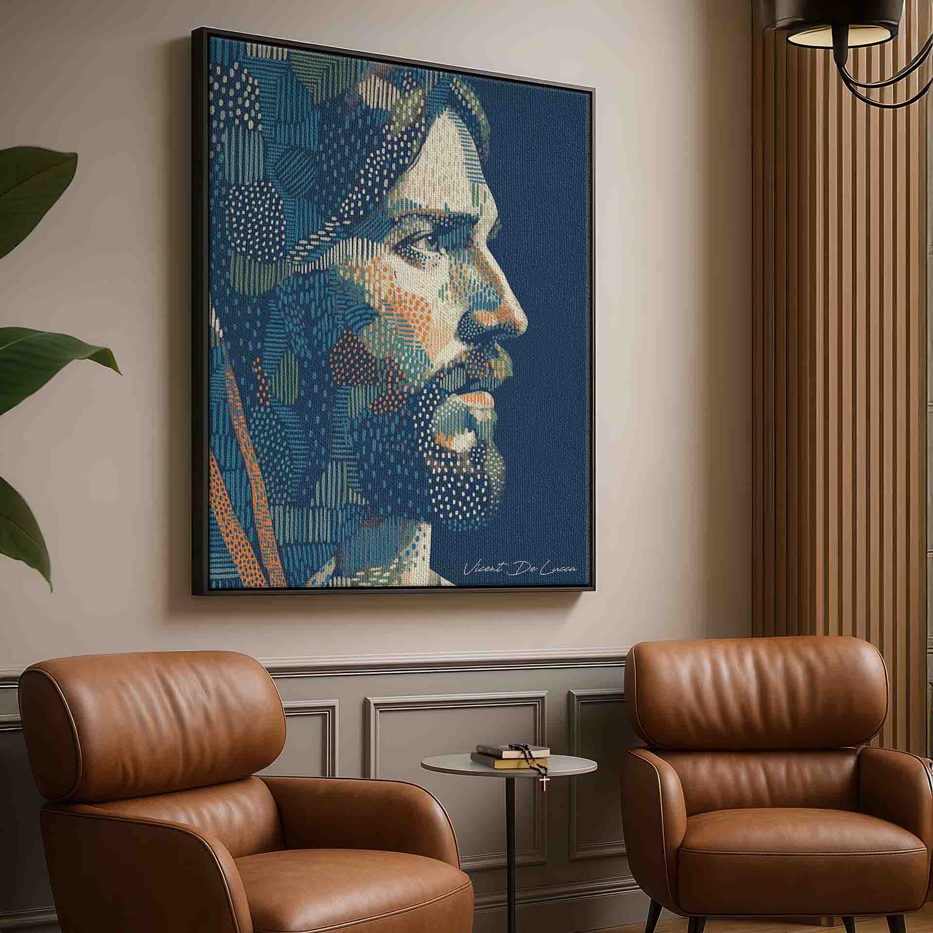 Religious wall art illustrating Christ in a contemporary Pointillist style.