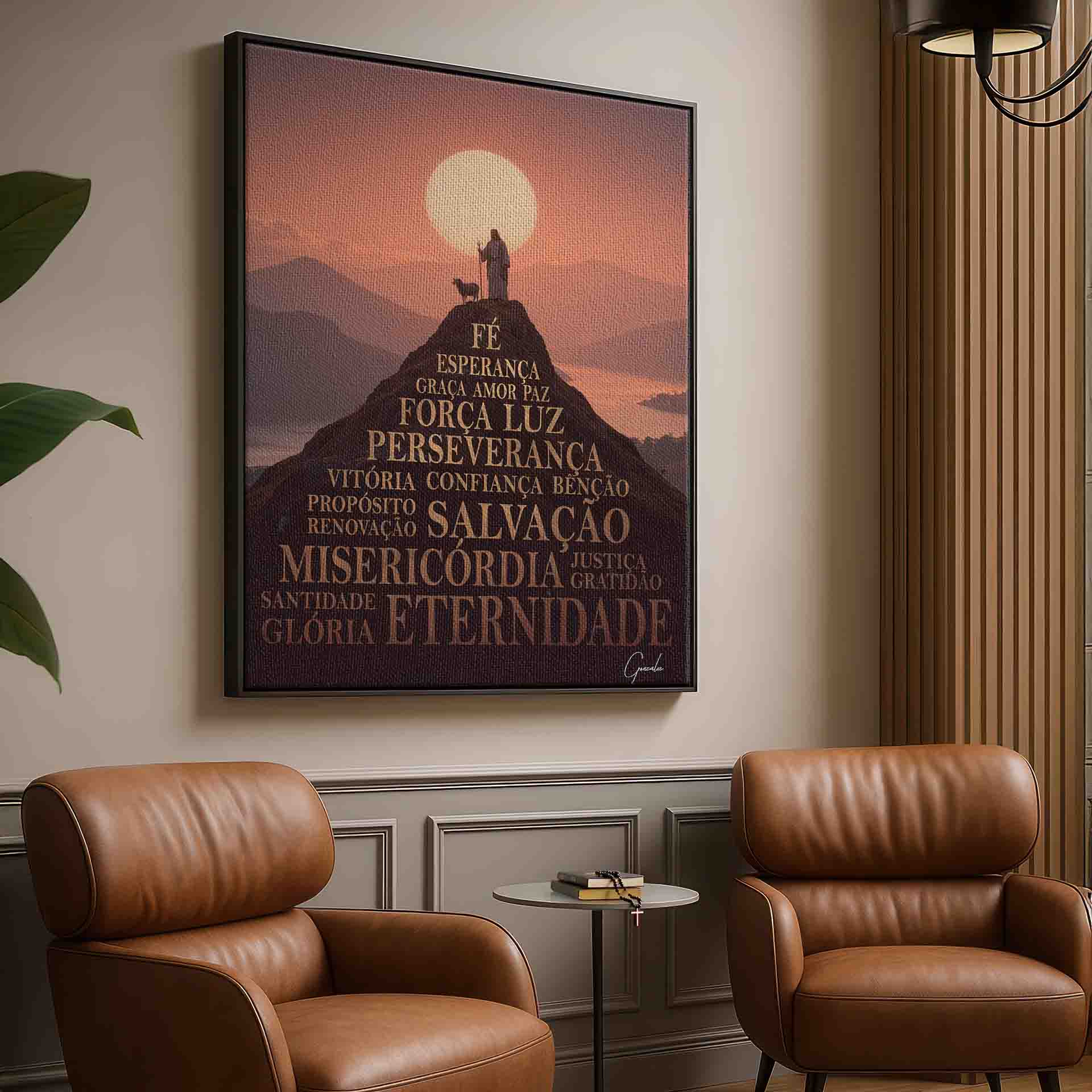 Close-up of gold lettering integrated into the mountain reading Faith, Hope, Salvation, Eternity.