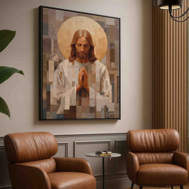 Lifelike portrayal of Jesus Christ in prayer in a textured abstract art style.