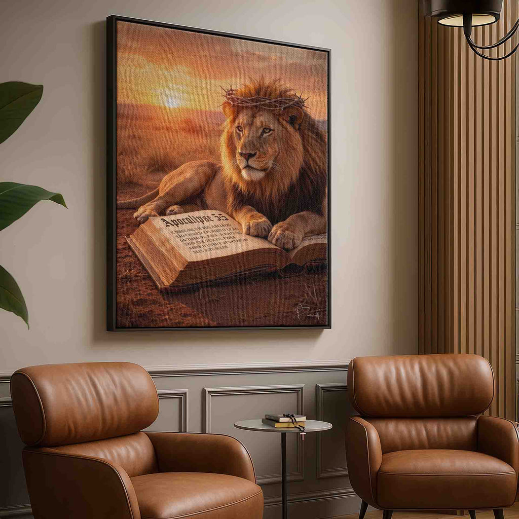 Composite wall art blending animal portrait with spiritual symbolism for living room decor.