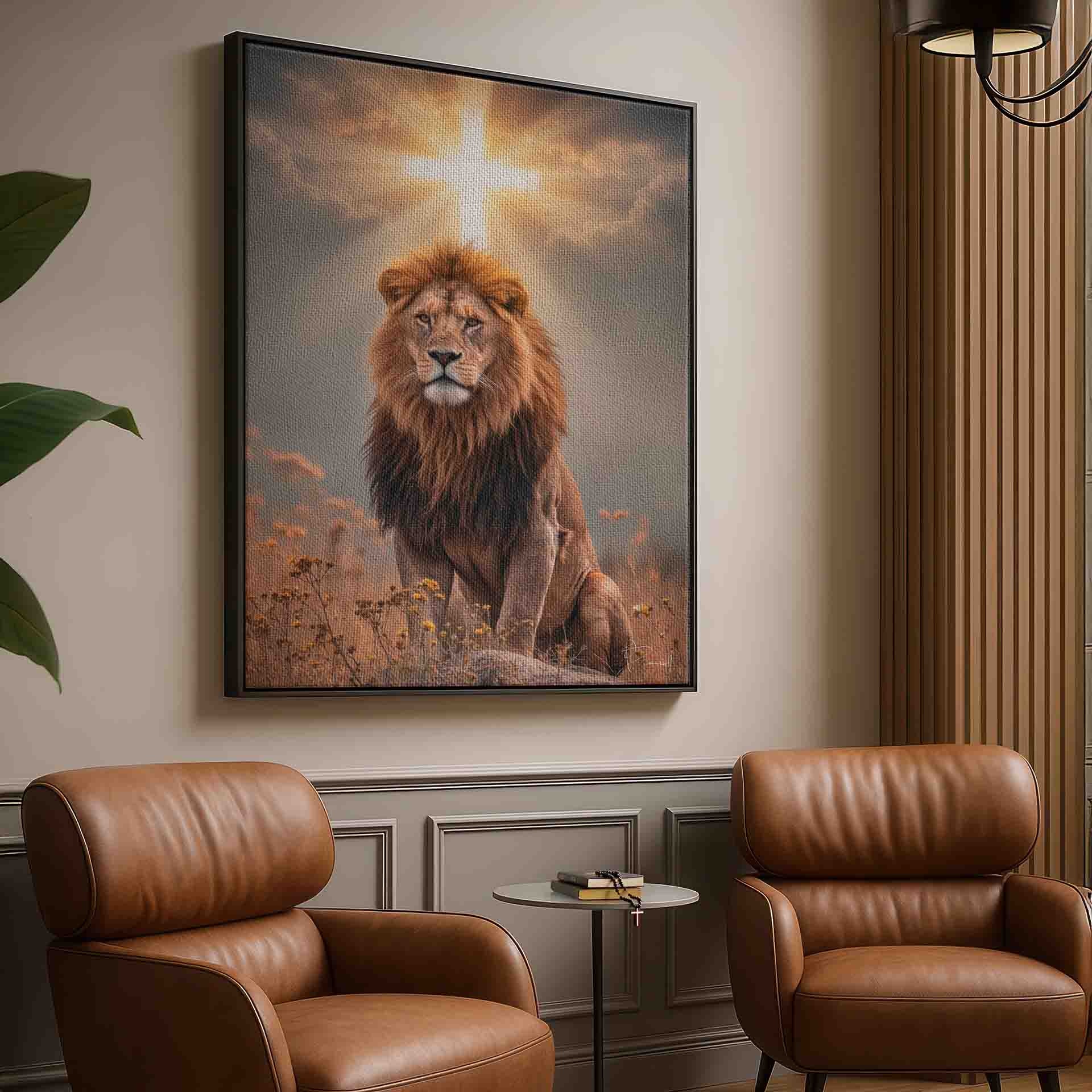 Religious wall art with a luminous cross and calm lion under divine light