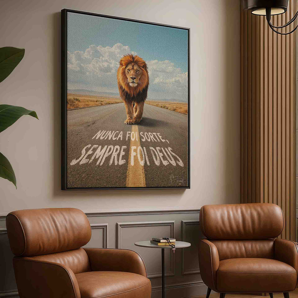 Religious animal wall art featuring a majestic lion and the motivational message It was never luck, it was always God